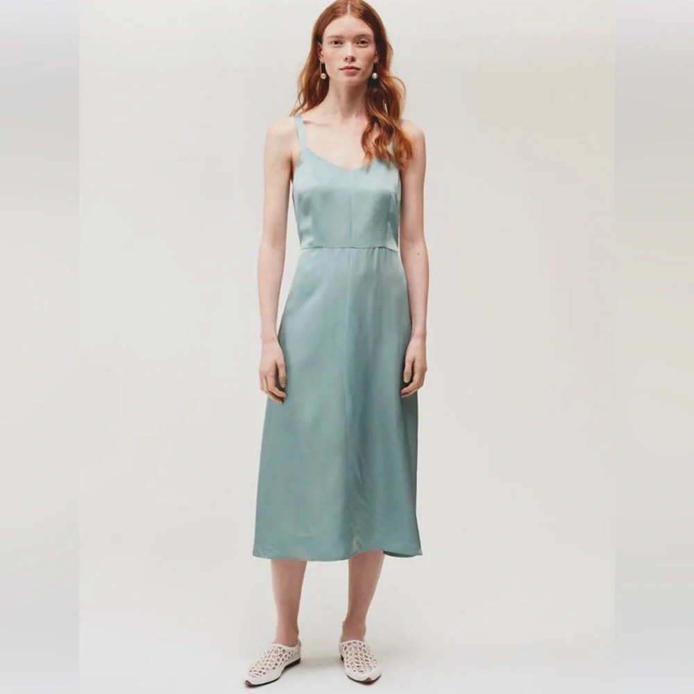 Aritzia Wilfred Le Fou Blue Satin Midi Slip Dress
